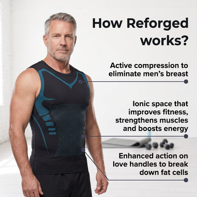 Man wearing the black V Tank with blue stripes, with labels pointing to the chest, mesh panel and waist