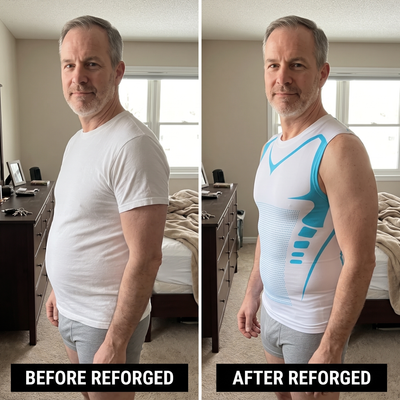 Side view of a man in a white T-shirt and then in the white V Tank with blue stripes