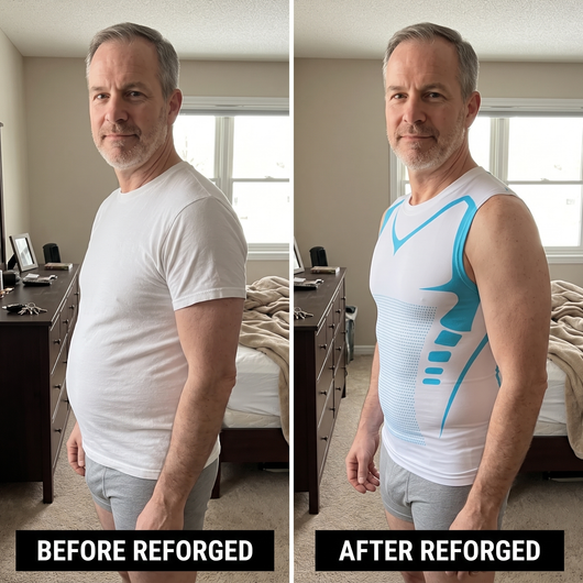 Side view of a man in a white T-shirt and then in the white V Tank with blue stripes