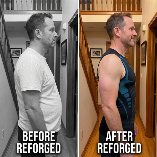 Side view of a man in a white T-shirt and then in the black V Tank with blue stripes