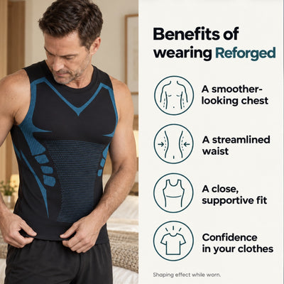 Benefits of wearing REFORGED: smoother-looking chest, streamlined waist, close supportive fit, confidence in your clothes