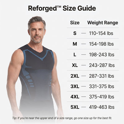 REFORGED size guide: S 110-154 lbs to 5XL 419-463 lbs