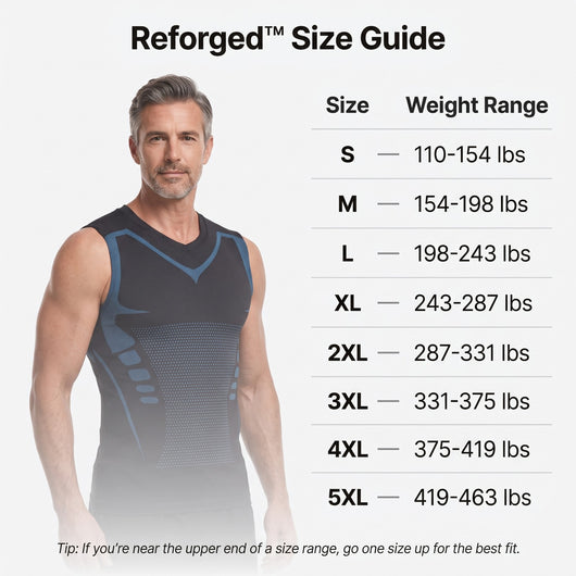 REFORGED size guide: S 110-154 lbs to 5XL 419-463 lbs